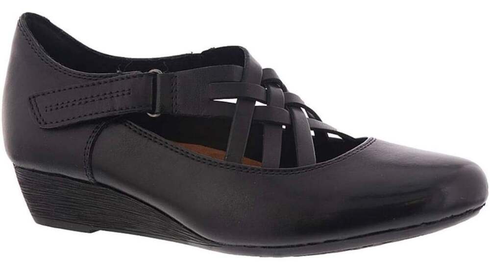 Rockport Cobb Hill Judson X-Strap Black Leather Wedge Shoes